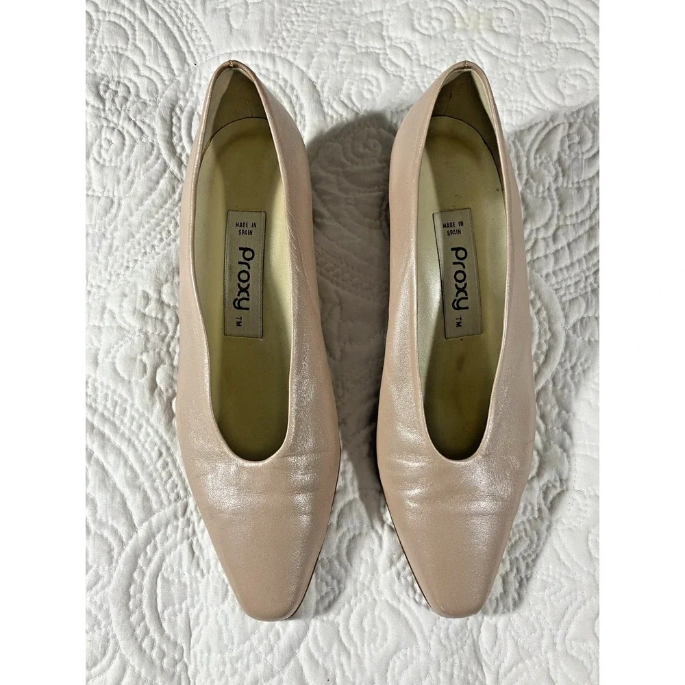 Proxy‎ Women's Round Square Toe 2 inch Block Heel Leather Pumps Womens 7.5 Beige